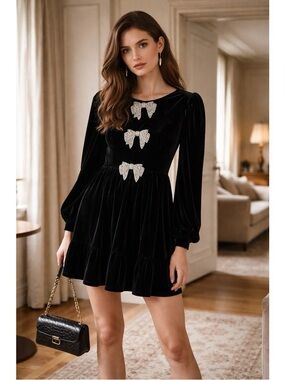 NWT Sugarlips Glow Bow Velvet Rhinestone Mini Dress